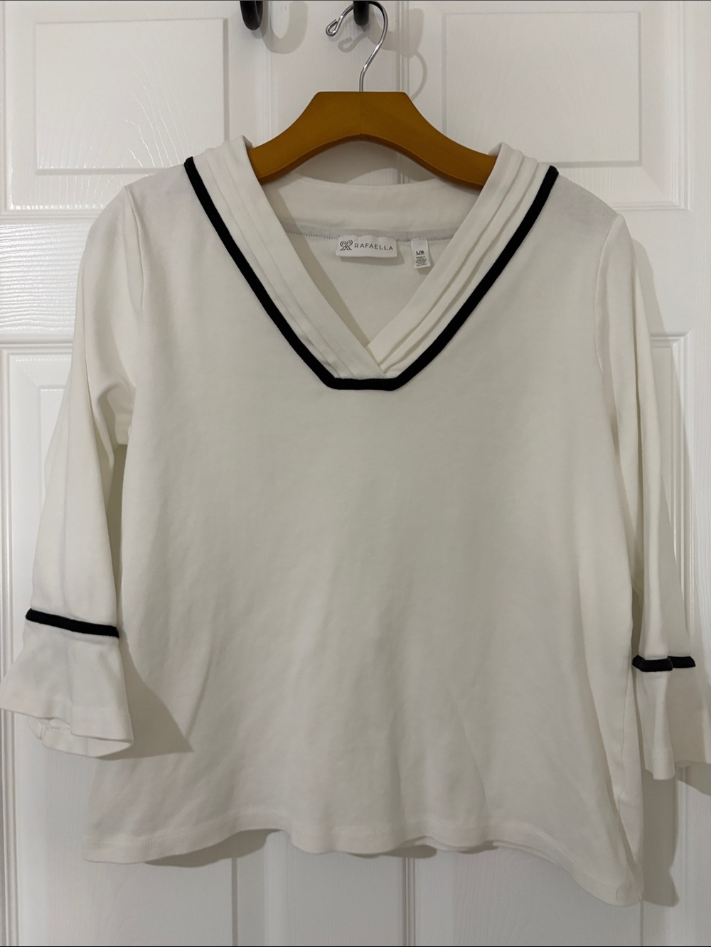Rafaella White Black Bell Sleeve V-Neck Blouse Top with Black Piping Size L